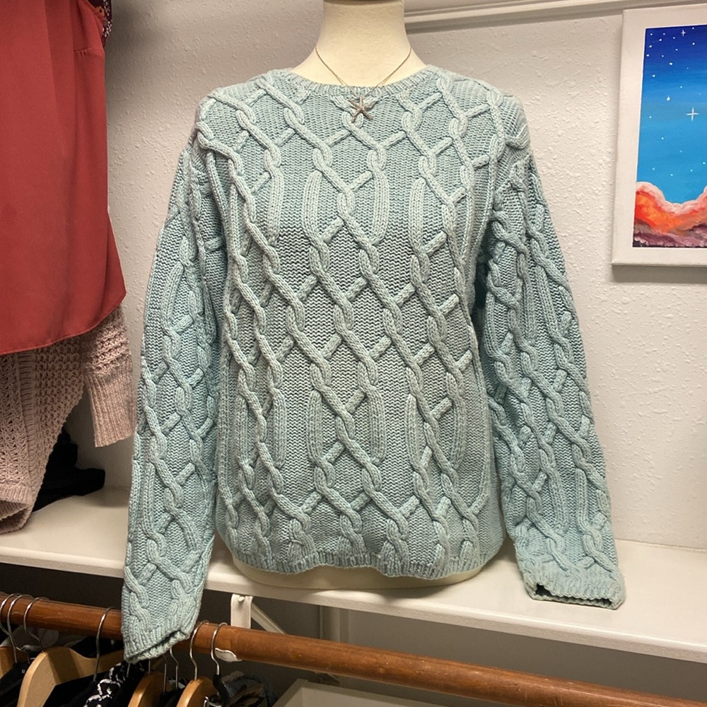 Vintage Hand Knit Chunky Aqua Sweater